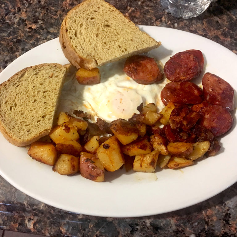 chorizo home fries with over easy eggs